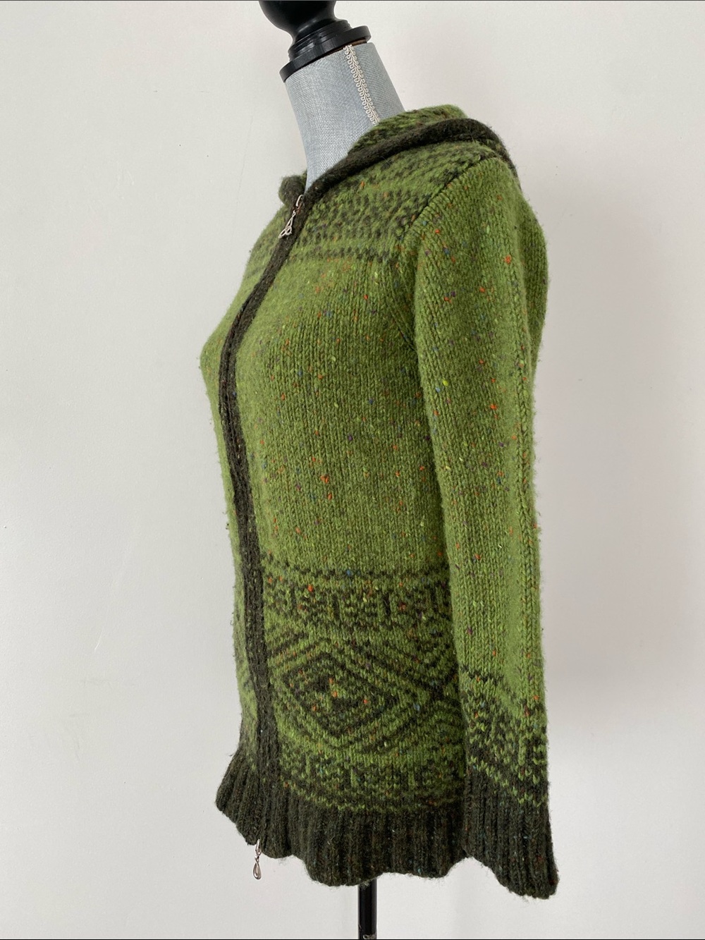 Aran Crafts Green Patterned Wool Hooded Zip Cardigan Ireland Made Sz XS Keltic - Picture 7 of 11